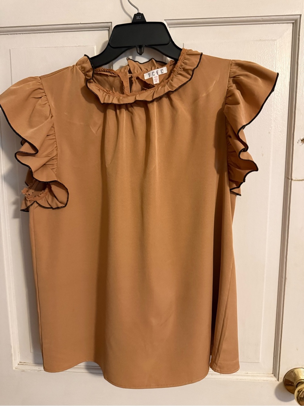 TCEC Ruffle Sleeve Blouse in Tan with Black Trim